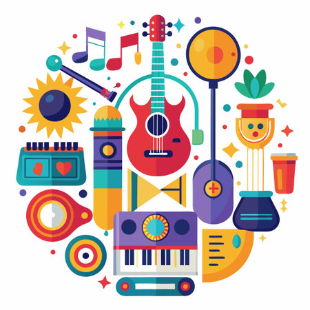 Colorful music instruments set in a circle.のイラスト素材