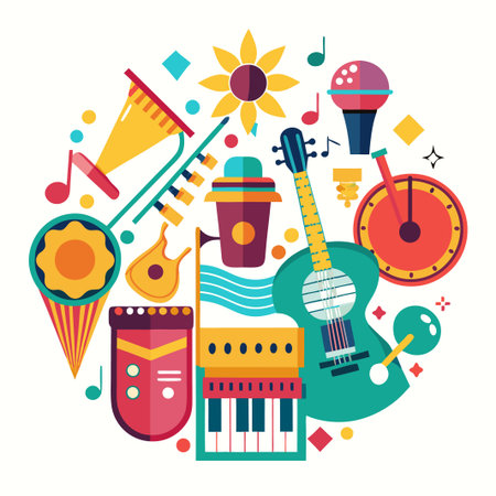 Colorful music instruments in circle design.のイラスト素材