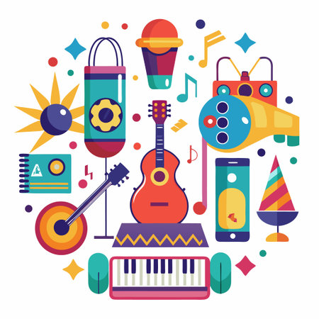 Colorful Music Instruments and Party Hat Surrounded by Stars and Notes.のイラスト素材