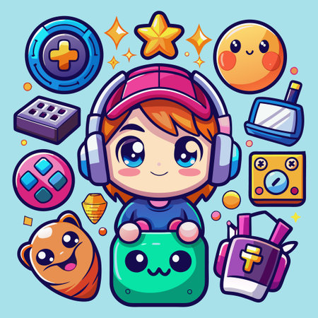 Cute cartoon character holding a green block with other gaming icons.のイラスト素材
