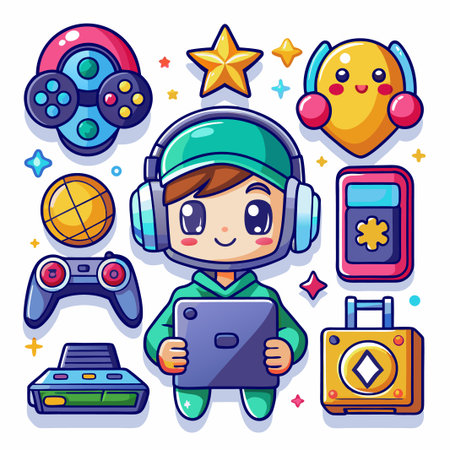 Cute cartoon boy playing games with many accessories.のイラスト素材