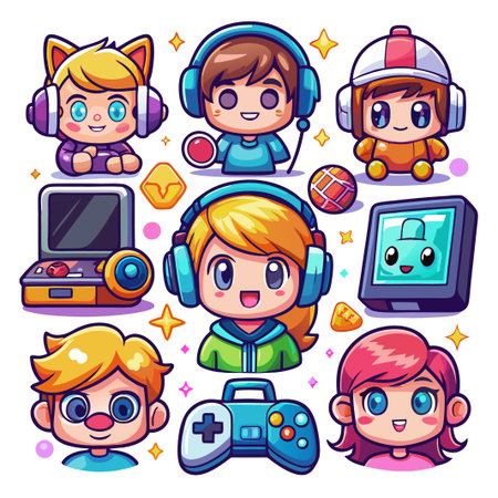 Cute cartoon gamers with various gaming equipment.のイラスト素材