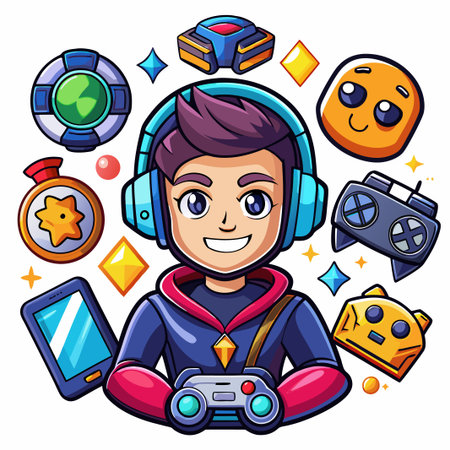 A happy gamer character holding a video game controller surrounded by various game items.のイラスト素材