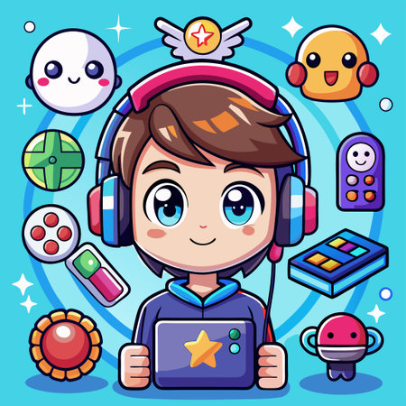 Cute cartoon character with headphones, holding a tablet and surrounded by colorful objects.のイラスト素材