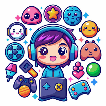 Cute girl gamer with headphones and game controllers.のイラスト素材