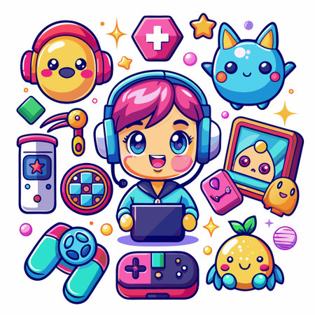 Cute girl gamer with headphones and a laptop surrounded by gaming icons.のイラスト素材