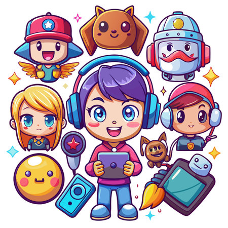 Cute cartoon characters with playful expressions and colorful designs.のイラスト素材