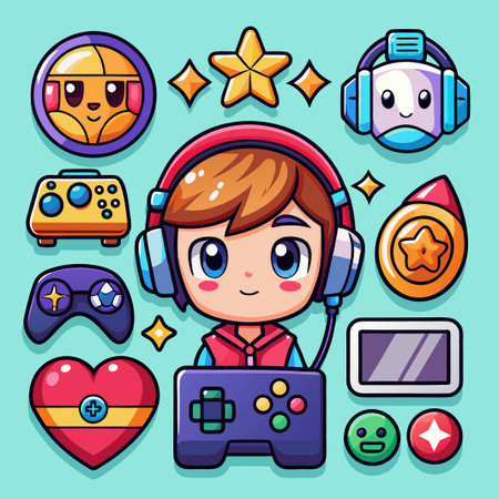 Cute gamer character with headphones, game controllers and icons.のイラスト素材