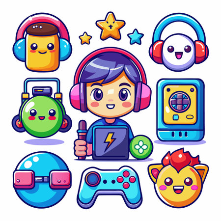 Cute cartoon characters with gaming accessories.のイラスト素材