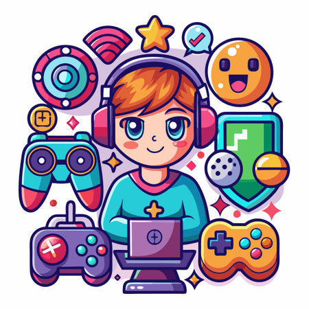 Cartoon Gamer with Headphones and Controllers.のイラスト素材