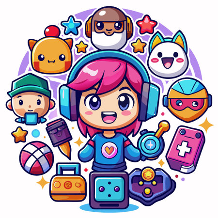 Cute girl gamer surrounded by video game icons.のイラスト素材