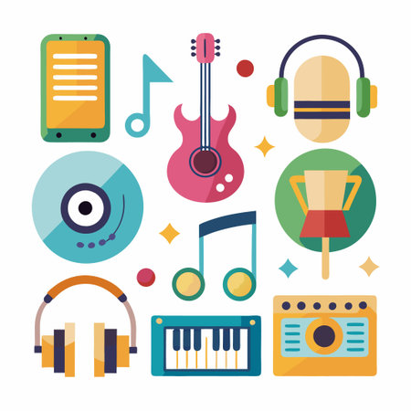 A set of colorful icons for music, technology, and awards, perfect for web design or mobile apps.のイラスト素材