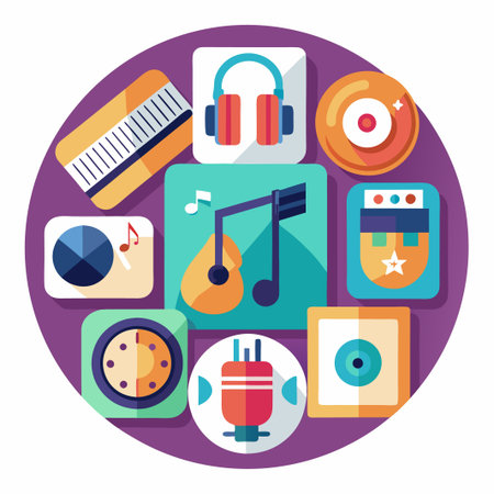 Flat design icons of music equipment and musical notes on a purple background.のイラスト素材