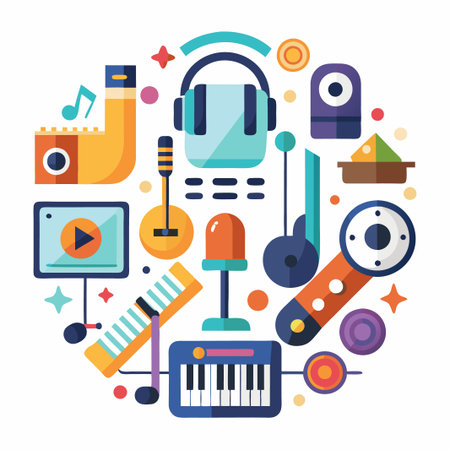 Colorful illustration of musical instruments and headphones in a circle.のイラスト素材
