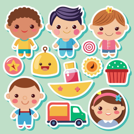 Cute cartoon kids and objects stickers for children's design.のイラスト素材