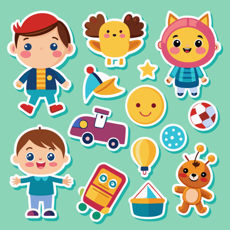 Cute cartoon sticker set with children, animals, and toys.のイラスト素材