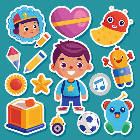 Colorful cartoon stickers with a boy, heart, pencils, toys, and a star.のイラスト素材