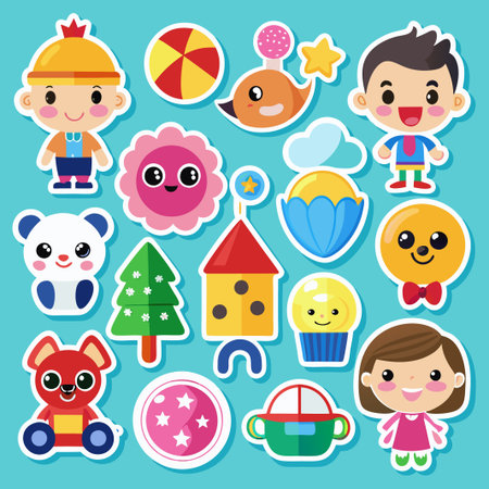Cute cartoon sticker set for children with boy, girl, panda, ball, flower, and other objects.のイラスト素材