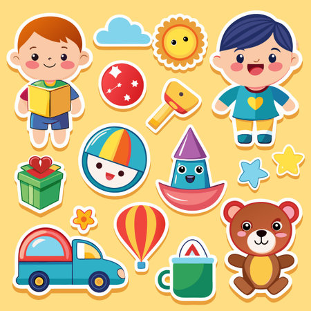 Colorful stickers with cute cartoon characters and objects.のイラスト素材
