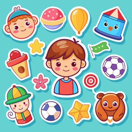 Cute Cartoon Stickers of Kids and Toys.のイラスト素材