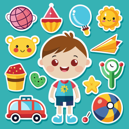 Happy boy with toys sticker set.のイラスト素材