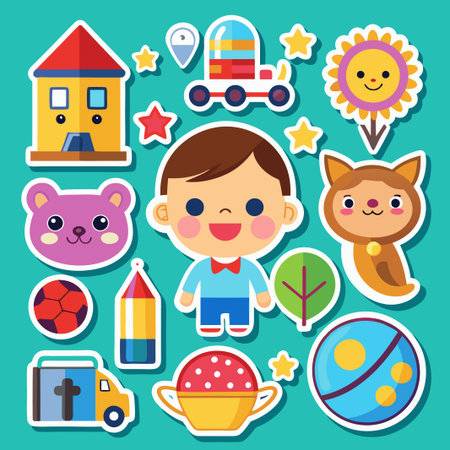 Cute cartoon stickers with boy, house, flower, teddy bear, toy car, pencil, ball, and more.のイラスト素材