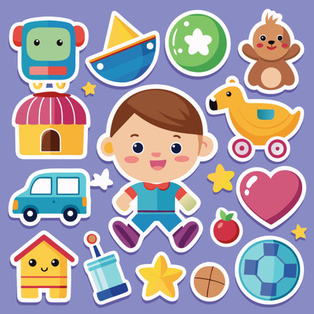 Colorful stickers with a boy, toys, and other objects on a purple background.のイラスト素材