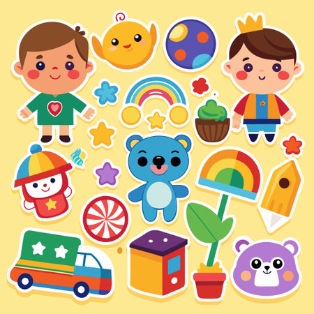 Colorful cartoon sticker set with cute characters, toys, and objects.のイラスト素材