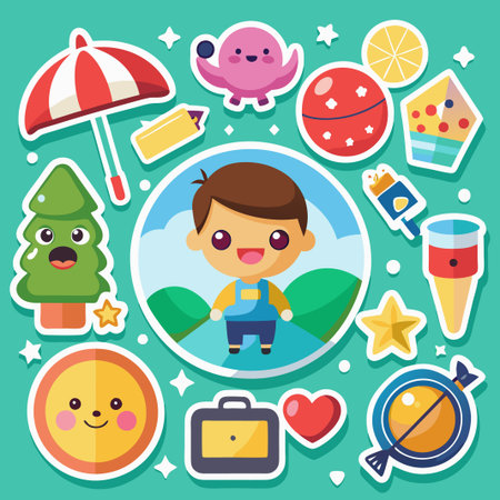 Cute cartoon boy surrounded by colorful stickers on a teal background.のイラスト素材