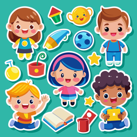 Happy kids stickers with toys and books.のイラスト素材