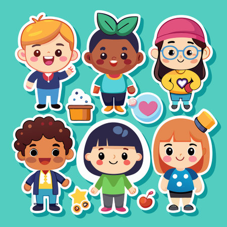 Six Cute Cartoon Children Stickers.のイラスト素材