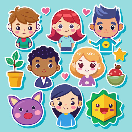 Cute cartoon sticker characters and objects set.のイラスト素材