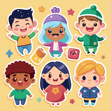 Six cute cartoon kids stickers.のイラスト素材