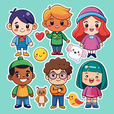 Cute cartoon kids characters with different outfits and expressions, isolated on a blue background.のイラスト素材
