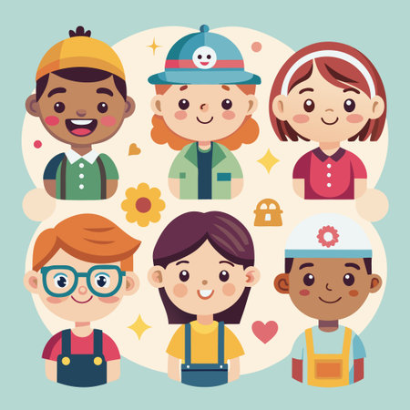 Six happy cartoon kids with different skin colors and outfits.のイラスト素材