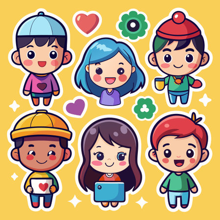 Happy cute cartoon diverse kids with hearts, a flower, and a camera.のイラスト素材