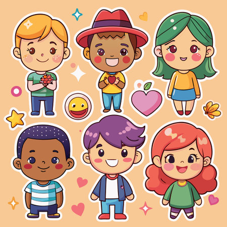 Cute cartoon kids with different hairstyles and outfits.のイラスト素材