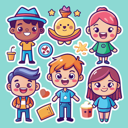 Cute cartoon kids stickers with various accessories.のイラスト素材