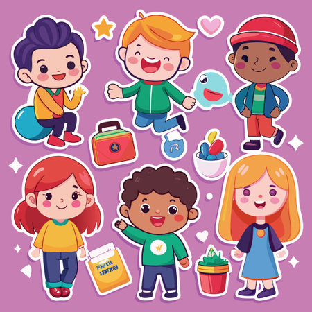 Diverse group of cute cartoon children with colorful outfits and accessories.のイラスト素材