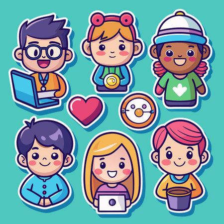 Cute cartoon character stickers of kids with diverse appearances holding different items.のイラスト素材