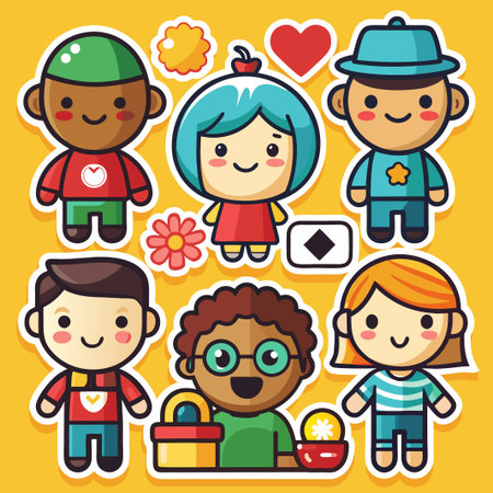 Colorful cartoon characters with different expressions and clothes.のイラスト素材