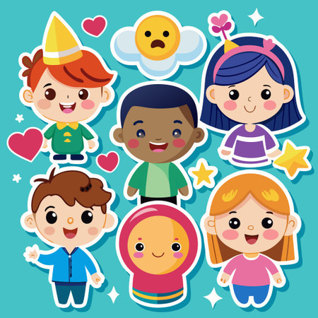 Cute cartoon characters of diverse kids in colorful outfits with happy expressions, stickers and stars on a blue background.のイラスト素材