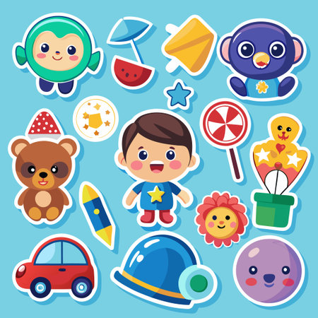 Colorful cartoon stickers with kid, animals and objects.のイラスト素材