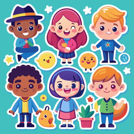 Cute cartoon stickers of happy children with cheerful expressions,  perfect for kids products.のイラスト素材