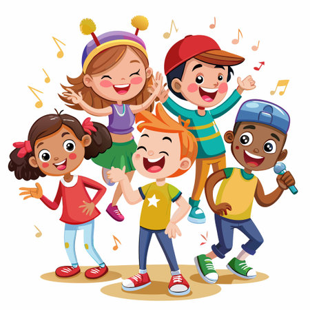 Happy children singing and dancing with musical notes around them.のイラスト素材