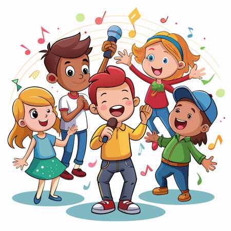 Four happy kids singing with musical notes around them.のイラスト素材
