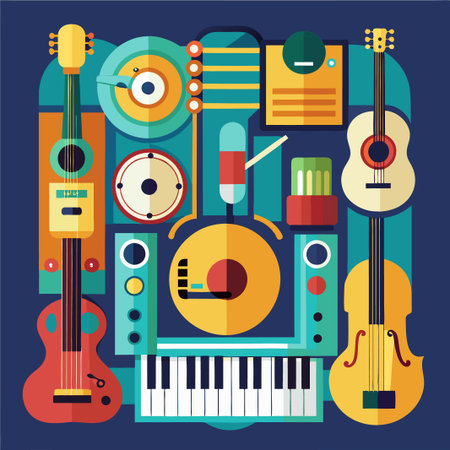 Colorful abstract illustration of musical instruments and a keyboard.のイラスト素材