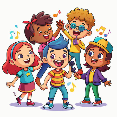 Happy kids singing with microphone and musical notes.のイラスト素材