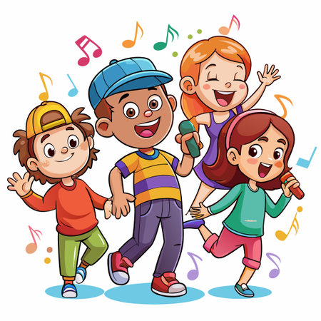 Happy Children Singing with Microphones.のイラスト素材