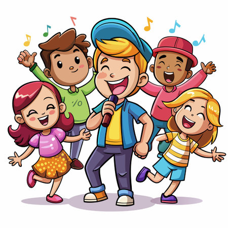 A group of cheerful cartoon children sing karaoke.のイラスト素材